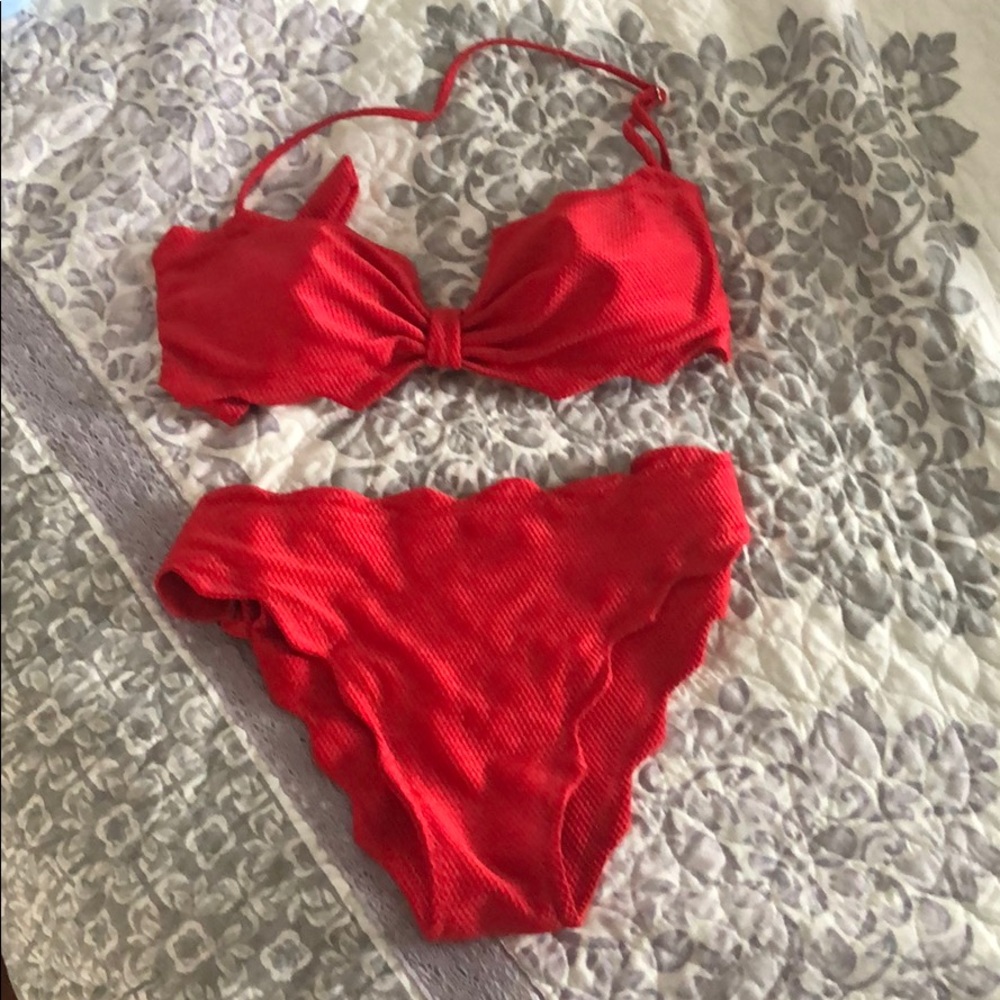 Red scalloped mid rise bikini